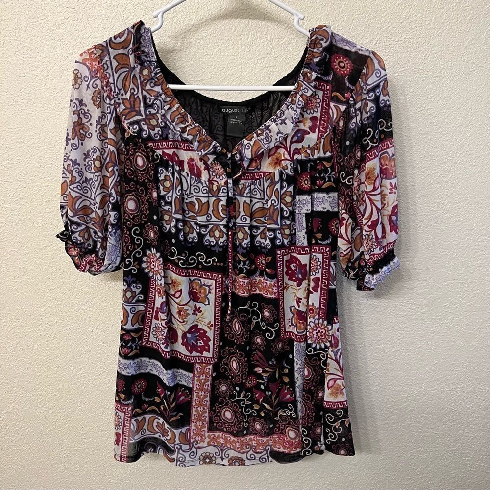 August Silk Short Sleeve Ruffle Top Size Large